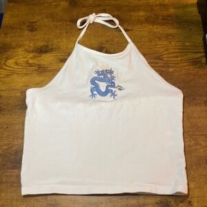 Brandy‎ Melville White Dragon Embroidered Halter Crop Top XS